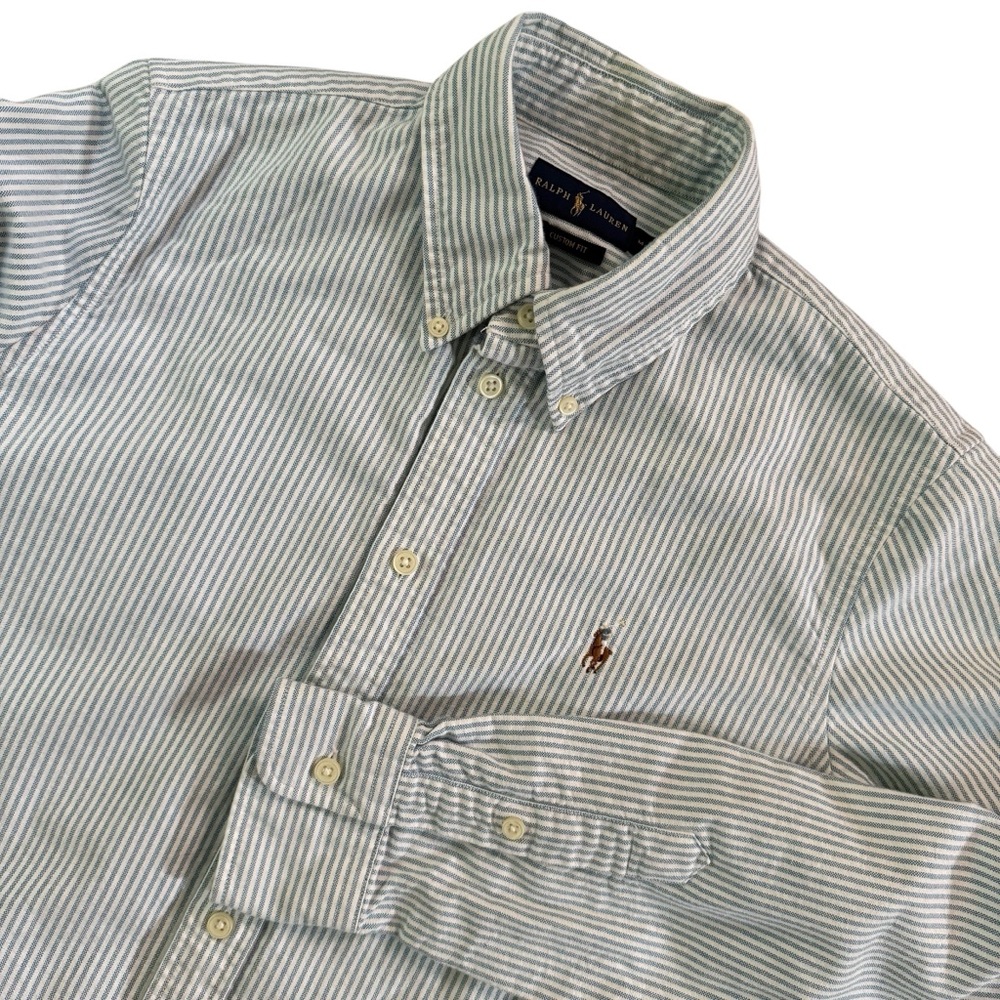 Ralph Lauren Striped Button Up Shirt Sz Medium Custom Fit Blue White Long Sleeve